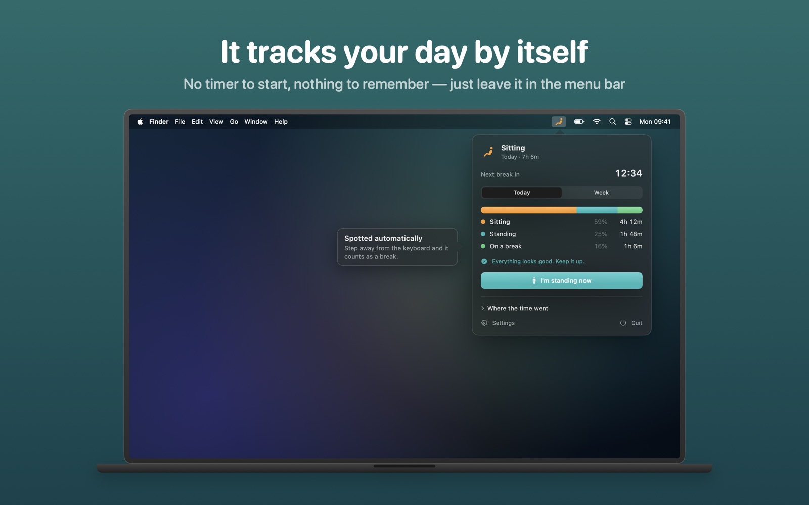 Stand Up in the menu bar: today's sitting, standing and break time