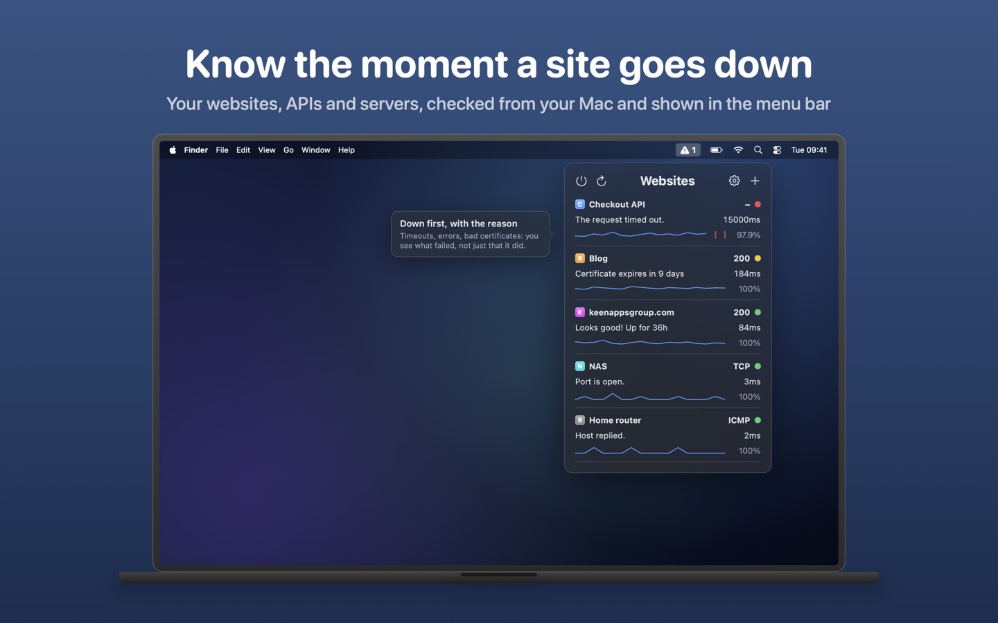Web Ping in the menu bar: every site's status, with anything down listed first