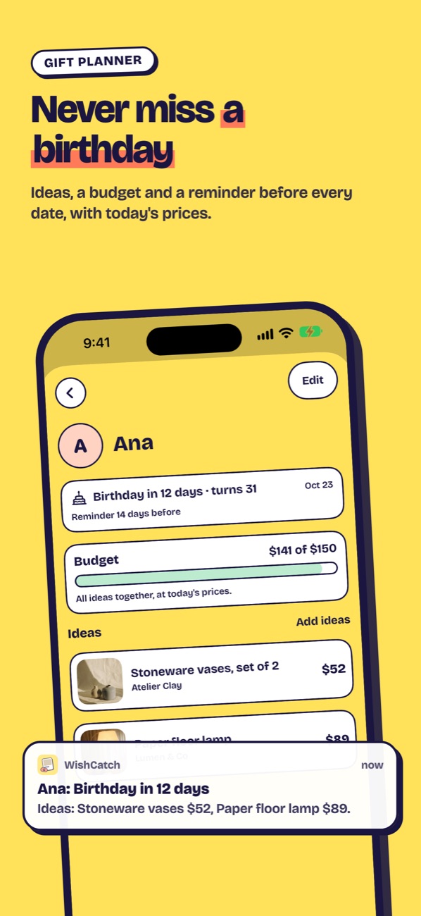 WishCatch gift planner: never miss a birthday